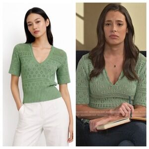 Sandro Paris Joe Pointelle Open Knit Top M Green Cottagecore Soft Girl Romantic
